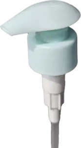 Teal-colored lotion pump for cosmetic bottles manufactured in Canada